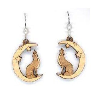 Wolf in Moon on Maple with Frosted Quartz Stone Bead Natural Wood Carved Earrings Jewelry