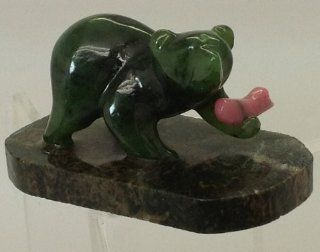 New Carved Bear Marble Jade Figurine 2" Mini W/pink Fish  Collectible Figurines  