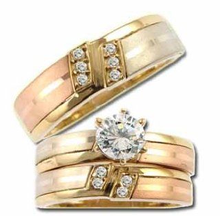 14k Tricolor Gold, Trio Three Piece Wedding Ring Set with Lab Created Gems Jewelry