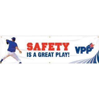 Accuform Signs MBR961 Reinforced Vinyl Motivational VPP Banner "SAFETY IS A GREAT PLAY" with Metal Grommets and Baseball Graphic, 28" Width x 8' Length Industrial Warning Signs