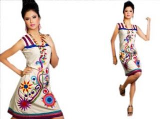 White Cotton Multi Color Embroidered Sleeve Less Dress