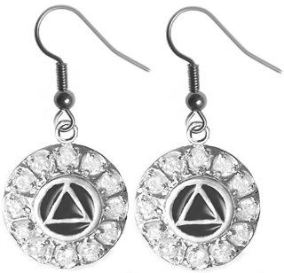 Alcoholics Anonymous Symbol Earrings, #966 6, Ster., AA Recovery Symbol W/ Black Enamel Inlay, 12 Clear Cz's, for Each Step Dangle Earrings Jewelry
