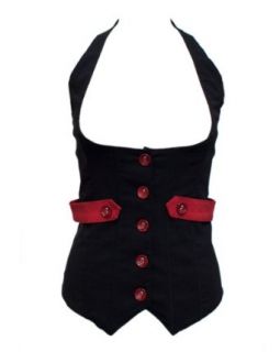 Ladies Black & Red Button Club Top Lace Tied Back