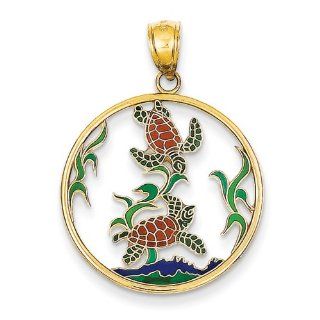 14k Enameled Sea Turtles Circle Pendant, Best Quality Free Gift Box Satisfaction Guaranteed Jewelry