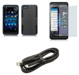 BlackBerry Z10   Accessory Kit   Charcoal Gray / Black Hybrid Net Case + Atom LED Keychain Light + Screen Protector + Micro USB Data Cable Cell Phones & Accessories