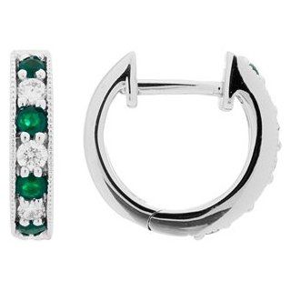 Emerald and Diamond Hoop Earrings in 18kt White Gold Amoro Jewelry