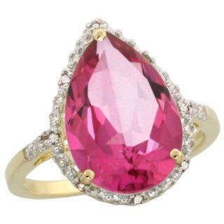10k Gold Teardrop Stone Ring w/ Brilliant Cut Diamonds & Pear Cut (15x10mm) Pink Topaz Stone, 11/16" (17mm) wide, size 5.5 Jewelry
