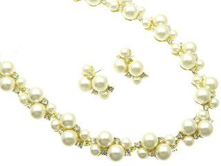 Fashion Jewelry ~ Cream Faux Pearls Accented with Crystals Goldtone Necklace and Earrings Set (Style NFS58 0158GDCL ri) Jewelry