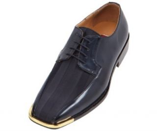 Bolano Mens Navy Classic Oxford Striped Satin Dress Shoe with Gold Tip Style 174GT Navy 002 Shoes