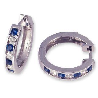 1.15 Carat Channel Set Diamond & Sapphire Earrings in 14k White Gold (with Safety Lock) Hoop Earrings Jewelry