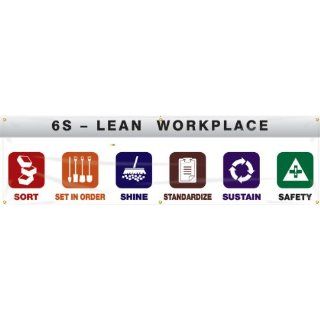 Accuform Signs MBR987 Reinforced Vinyl 6S Workplace Banner "6S   LEAN WORKPLACE SORT, SET IN ORDER, SHINE, STANDARIZE, SUSTAIN, SAFETY" with Metal Grommets, 28" Width x 8' Length Industrial Warning Signs
