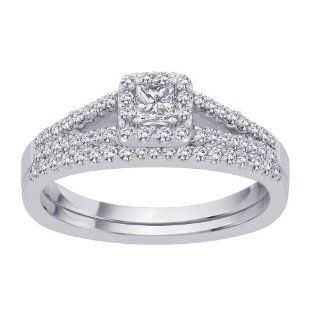 Split Shank Square Halo Style Bridal Engagement Ring with Matching Euro Shank Band with Princess Cut Center Diamond in 14K White Gold (1/2 cttw, G H Color, SI2 I1 Clarity) Katarina Jewelry