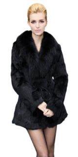 Queenshiny Long Women's 100% Real Rex Rabbit Fur Coat Jacket With Super Fox Collar Fur Outerwear Coats