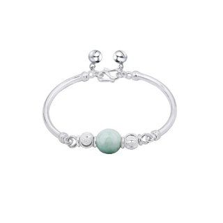 990 Sterling Silver Bangle Bracelet with Shining Beads Simulated Jade Jingle Bells 6" long 11.3g weight Y55 Jewelry
