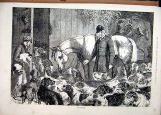 1875 Hunting Frost Dogs Horse Man Stable Antique Print  