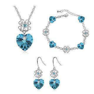 Ocean blue crystal with Swarovski Elements heart pendant necklace earrings bracelet jewelry set Jewelry