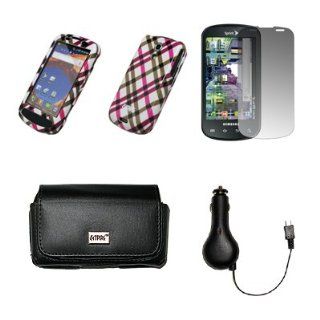 EMPIRE Black Leather Case Pouch with Belt Clip and Belt Loops + White with Hot Pink Plaid Stripes Design Snap On Cover Case + Screen Protector + Retractable Car Charger (CLA) for Samsung Epic 4G Cell Phones & Accessories
