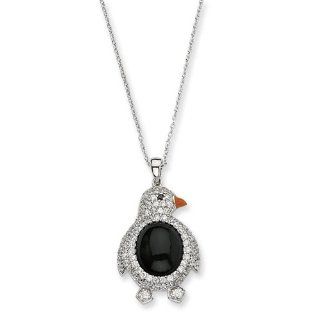 Sterling Silver CZ Black Onyx Enamel Beak Penguin Necklace 18" by Cheryl M. Jewelry