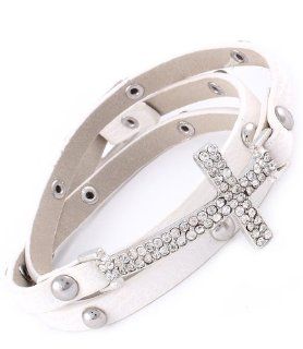 Faux Leather Wrap able Crystal Studs Cross Bracelet [White]   23" (L) x 0.24"(W)  Other Products  