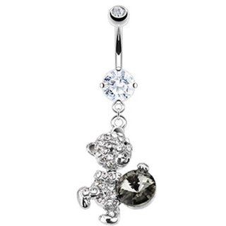 316L Surgical Stainless Steel Large CZ Snuggling Dangle Teddy Bear Paved Gem Navel Belly Button Ring   14 GA 3/8" Long Belly Button Piercing Rings Jewelry