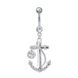 Stainless Steel Dangling Jeweled Anchor Belly Ring With Single Stone Dangle (CLEAR STONES) Jewelry