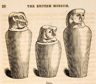 1836 Wood Engraving Canopic Jars Hapi Qebehsenuef Imseti Horus Organs Egyptian   Original In Text Wood Engraving   Prints