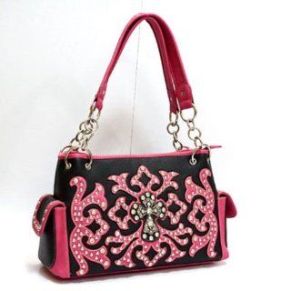 Fuchsia Pink Western Cross Rhinestone Studds Fashion Handbag Purse 