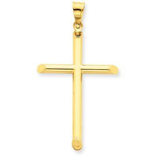 14k Yellow Gold 3 D Polished Hollow Cross Charm Pendant 38mmx24mm Jewelry