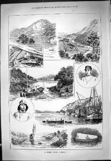 1887 Antique Print Holiday Cruise Norway Salmon River Boats  