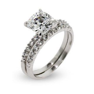 Thin Princess Cut CZ Wedding Ring Set Jewelry