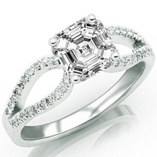 1.2 Carat Asscher Cut / Shape GIA Certified Split Shank Curved Pave Set Diamond Engagement Ring ( F Color, SI1 Clarity ) Jewelry