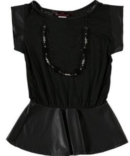 Almost Famous Big Girls Peplum Faux Leather Shirt With Necklace (14/16, Black) Clothing