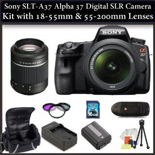Sony Alpha SLT A37K Digital Camera Kit with 18 55mm & 55 200mm Lenses. Also Includes 3 Piece Filter Kit(UV CPL FLD), 16GB Memory Card, Memory Card Reader, Extended Life Replacement Battery, Rapid Travel Charger, Table Top Tripod, LCD Screen Protectors