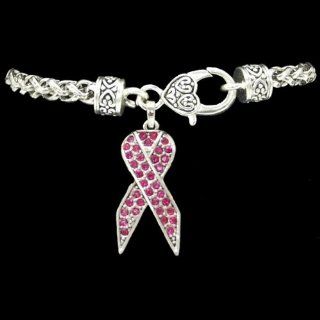 Pink Ribbon Embellished with Pink Crystal Rhinestones is approximately a 1 inch long Dangling Pendant on 7.5 inch Bracelet  Celebrate Breast Cancer Research, Survivors, Loved Ones who have Endured Breast Cancer, & Susan B Koman "Race for the Cure&