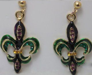 From the Heart Mardi Gras Fleur de Lis Earrings.Green & Gold Enamel Embellished with Purple, Green, & Gold Crystal Rhinestones. Post Earrings Dangle approximately 1 inch.Perfect for any rider in a Mardi Gras Parade, or a Woman who loves Mardi Gras.