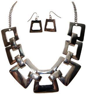 Chunky Bold Flat Square Linked Metal Geometric Design Silver Tone Statement Necklace & Earrings Fashion Jewelry Jewelry Sets Jewelry