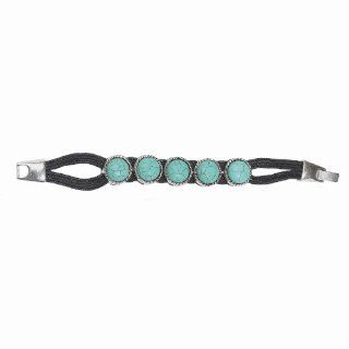 Ladies 7" fashion bracelet with round simulated turquoise. The bracelet is approximately 3/4" wide. Jewelry