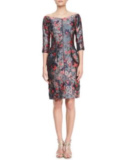 Etro Plunging Maui Floral Dress with Long Sleeves, Red