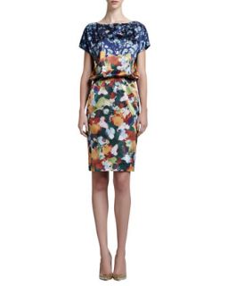 St. John Collection Floral Stretch Silk Charmeause Cap Sleeve Dress, Dusty Peach/Multi