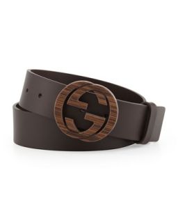 Gucci Wood Interlocking G Buckle Leather Belt, Brown