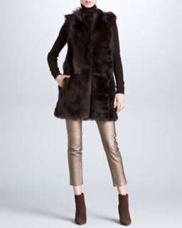 Ralph Lauren Black Label Long Shearling Fur Vest, Cashmere Jersey Turtleneck & 400 Cropped Matchstick Metallic Jeans