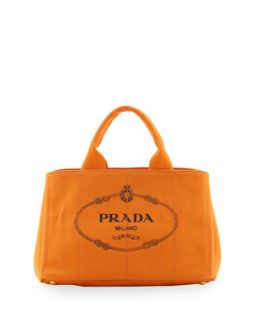 Prada Canvas Logo Tote with Strap, (Orange) Papaya
