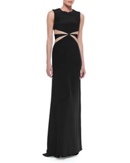 Donna Karan Sleeveless Embroidered Bateau Gown with Sheer Panel, Black
