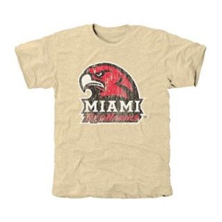Miami University RedHawks Distressed Logo Vintage Tri Blend T Shirt   White   FansEdge