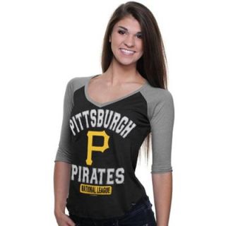 Pittsburgh Pirates Ladies 3/4 Sleeve V Neck Raglan T Shirt   Black