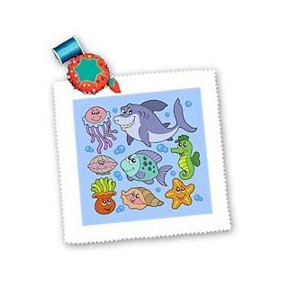 3dRose qs_53799_4 Jellyfish, Shark, Shellfish, Fish, Seahorse and Starfish Pattern Quilt Square, 12 by 12 Inch