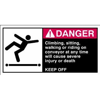 Brady 96158 Self Sticking Polyester Cema Safety Label , Red/ White On Black,  2 1/2" Height x 5" Width,  Legend "Climbing,  Sitting,  Walking Or Riding On Conveyor At Any Time Will Cause Severe Injury Or Death Keep Off (W/Picto)" (5 Lab