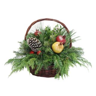 Fresh Cut Christmas Decorative Fruit and Greenery Basket Centerpiece