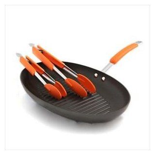 3 Pc 15.25" Oval Grill Pan, Tongs    Hard Anodized (Orange) Kitchen & Dining