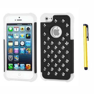 Hard Plastic Snap on Cover Fits Apple iPhone 5 Rubberized Black/Solid White Silver Round Studs Lattice Dazzling TotalDefense + A Gold Color Stylus/Pen AT&T, Cricket, Sprint, Verizon (does NOT fit Apple iPhone or iPhone 3G/3GS or iPhone 4/4S or iPhone 5